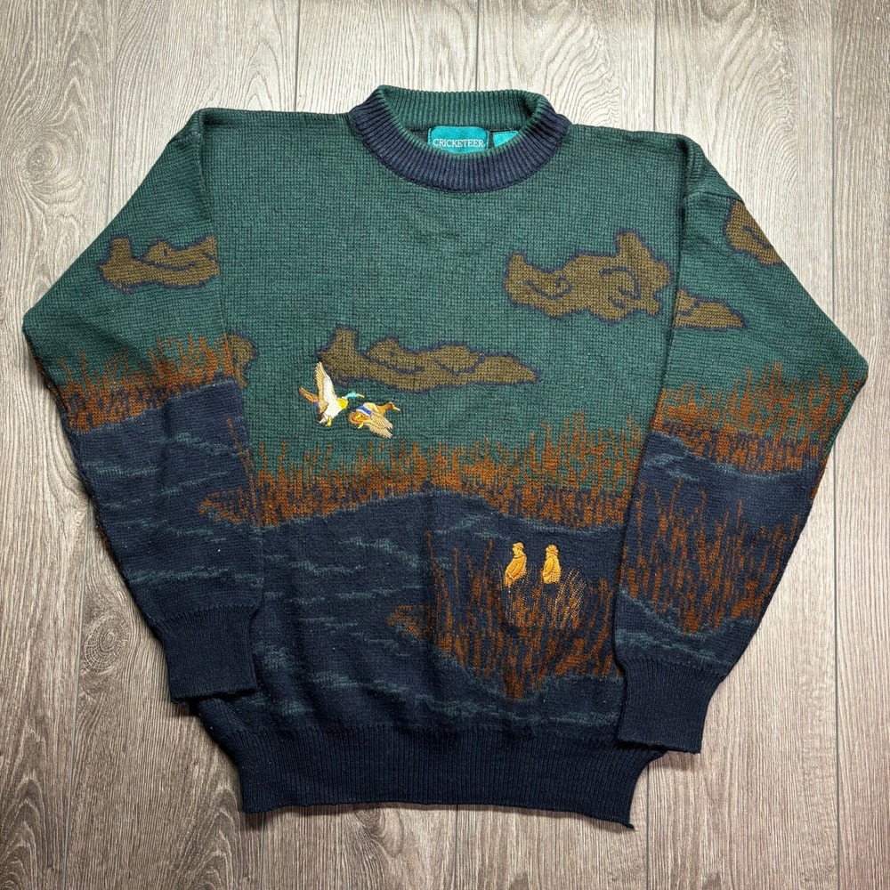 Vintage Cricketeer Mens XL Duck Mallard Scenic Knit Sweater Green Navy Blue 90s